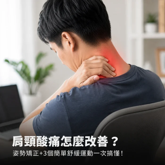 肩頸痠痛怎麼改善的部落格封面圖，呈現久坐後肩頸不適的常見情境