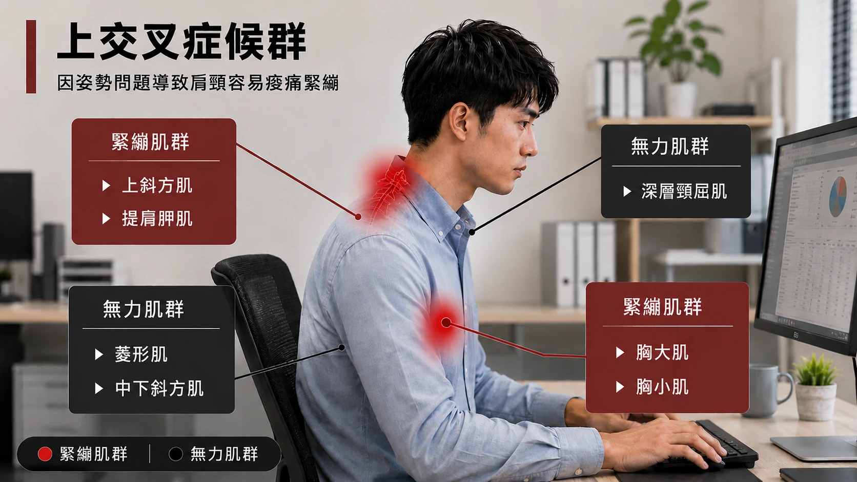 上交叉症候群與肩頸痠痛關係示意圖