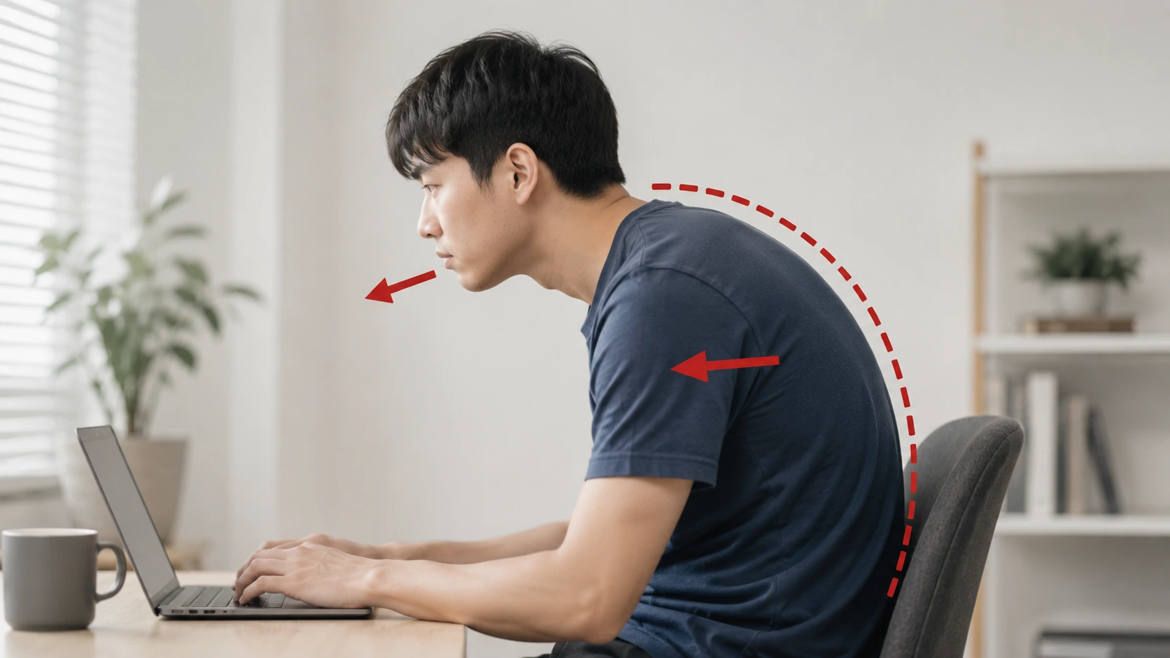 久坐低頭造成圓肩駝背姿勢示意